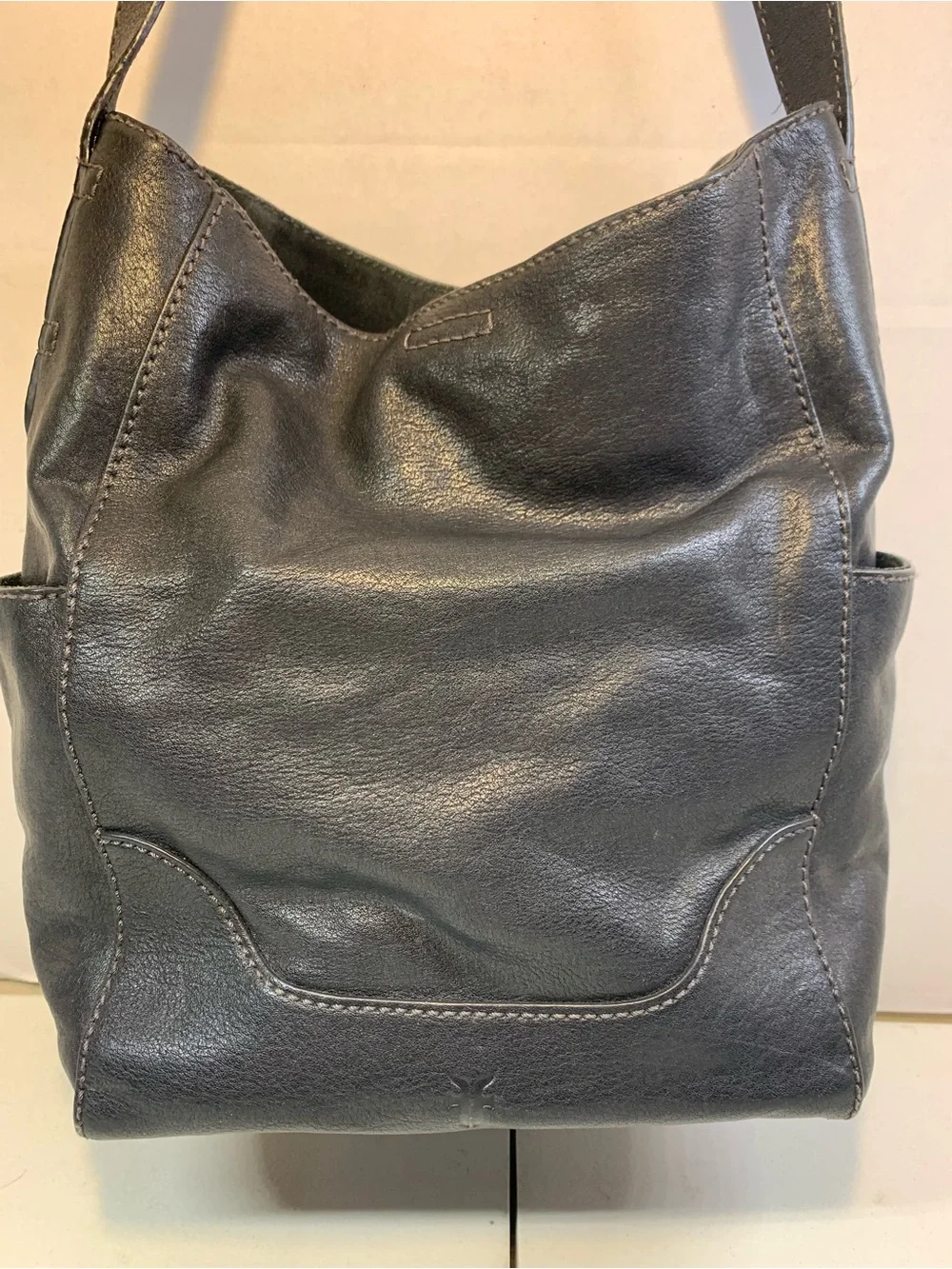 Frye Leather Gently Used Side Pocket Black Hobo Handbag.                 3700